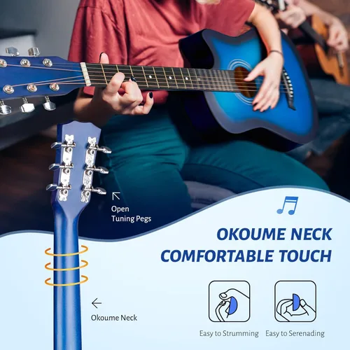 Miniatura 7 de CAHAYA Guitarra acústica: Juego de iniciación de 96.5 cm con corte para principiantes, de madera, para niños, adolescentes y adultos, con bolsa