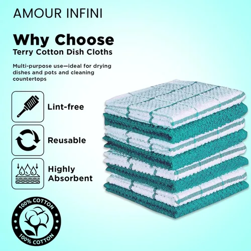 Miniatura 3 de Amour Infini paños de cocina y repasadores, 100 % algodón, muy absorbentes, se pueden lavar a máquina Cuadros verde azulado