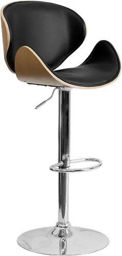 Taburete de bar Flash Furniture de madera de haya con altura ajustable y asiento y respaldo de vinilo negro curvado, Espuma Madera Vinilo, Hayedo