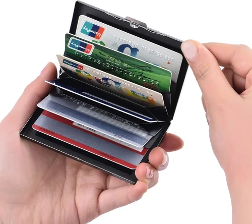 Miniatura 124 de BONSYL® Soporte para tarjetas de crédito, cartera delgada de metal con bloqueo RFID, con 6 ranuras para tarjetas, para mujeres y hombres.