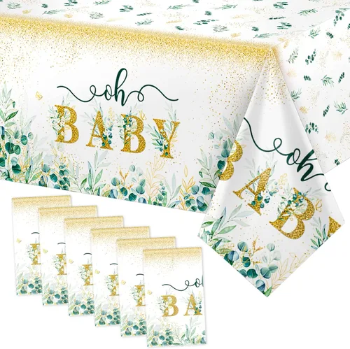 Miniatura 8 de Tiamon Mantel de 3 piezas de verde salvia para baby shower, 108 x 54 pulgadas, desechable, hojas de eucalipto, mantel rectangular de plástico verde