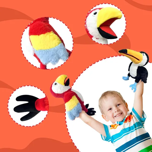 Miniatura 2 de Marionetas de mano de loro, marionetas de mano de animales de 13.8 pulgadas, marionetas de mano de animales de peluche para niños con boca móvil