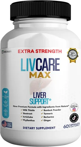 Livcare Max Suplemento de apoyo hepático, extra fuerte, 60 cápsulas vegetales, suministro para 30 días con cardo mariano, remolacha, alcachofa (1)