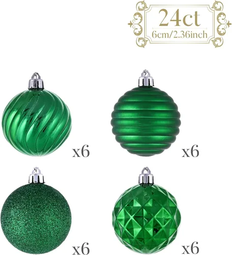 Miniatura 3 de Valery Madelyn - Adornos de árbol de Navidad, juego de 24 esferas verdes irrompibles, adorno colgante de 2.36" en paquete para decoración de fiesta