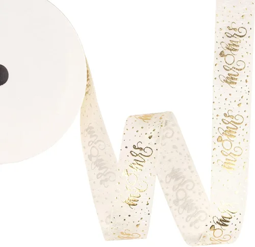 Miniatura 7 de Cinta de regalo transparente dorada, cinta de hilo de nieve con letras de Mr & Mrs e impresión de anillo para despedida de soltera, 3/4 pulgadas x
