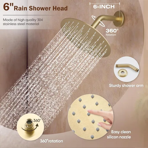 Miniatura 4 de Grifo de ducha de bañera, juego de grifo de ducha dorado cepillado con cabezal de ducha de lluvia de metal de 6 pulgadas y boquilla de bañera, kit
