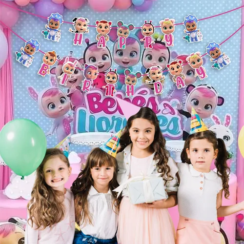 Miniatura 5 de Cartel de feliz cumpleaños de Cri Babes, decoración de fiesta temática de dibujos animados de muñeca de bebé, colorido cartel colgante