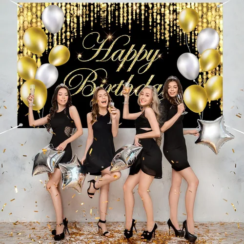 Miniatura 3 de Cartel de feliz cumpleaños negro y dorado con texto en inglés «It's My Birthday», telón de fondo para baby shower, fiesta interior y exterior