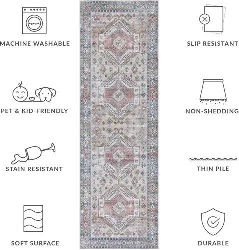 Miniatura 3 de SAFAVIEH Tucson Collection - Alfombra lavable de 2 pies 6 pies x 8 pies, beige y verde, antideslizante y fácil de limpiar, ideal para pasillo