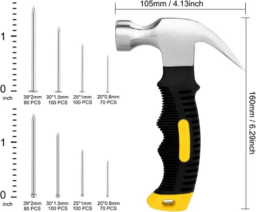 Miniatura 7 de KURUI Kit surtido de 700 uñas y martillo de 8 onzas, martillo pequeño para colgar decoración artística de pared, marco de fotos, 350 clavos