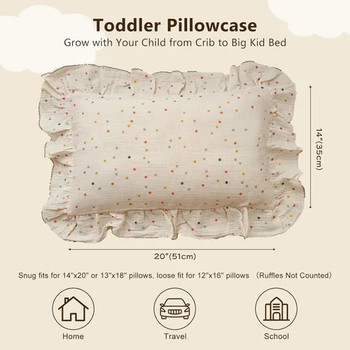 Miniatura 2 de BuLuTu Fundas de almohada para niños pequeños de algodón musul, fundas de almohada para niños pequeños con patrón de puntos de colores, fundas
