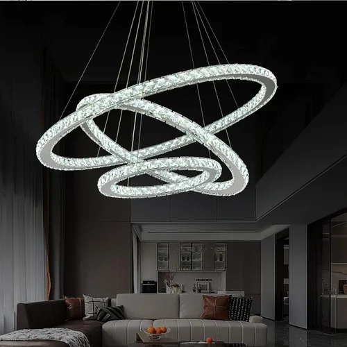 Miniatura 10 de Siljoy Moderna lámpara de araña de cristal, 6 anillos, lámpara de techo LED con 3 colores, lámpara de techo alto para sala de estar, comedor
