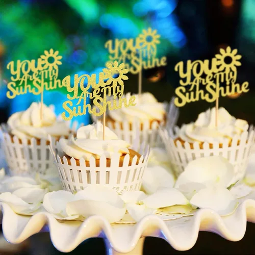 Miniatura 4 de 24 adornos dorados con purpurina para cupcakes con texto en inglés "You are My Sunshine", para baby shower, baby shower, revelación de género