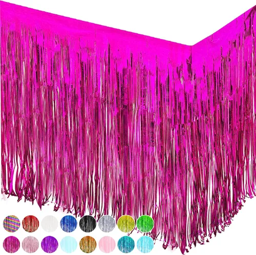 Miniatura 6 de allgala Paquete de 2 faldas de mesa de oropel rosa de 29 x 108 pulgadas con flecos metálicos para fiestas, eventos, desfiles, flotadores, decoración
