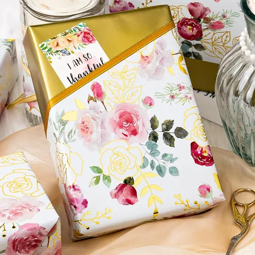 Miniatura 4 de Merture Rollo de Papel de Regalo con Rosas de Acuarela - 17 Pulgadas x 32.8 Pies (46.5 pies cuadrados) Papel de Regalo Floral de Papel Aluminio