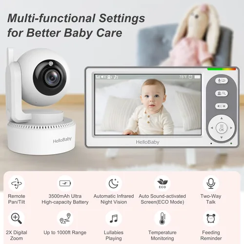 Miniatura 2 de HelloBaby Monitor de Bebé con Video de 4.3'' con Batería de 30 Horas, Monitor de Bebé con Pan-Tilt-Zoom Remoto Sin WiFi, Monitor de Bebé con Cámara