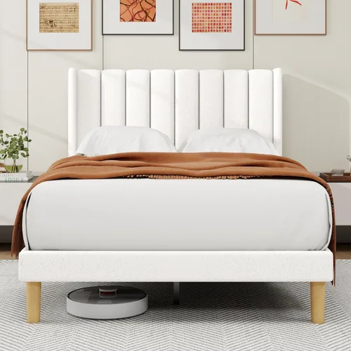Miniatura 16 de alazyhome - Marco de cama tapizado de plataforma tamaño Queen con cabecera, soporte de listones de madera, sin ruido, fácil montaje, terciopelo beige