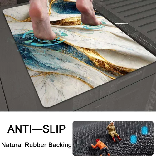 Miniatura 5 de Alfombra de baño, diseño abstracto de mármol azul y dorado, antideslizante, de secado rápido, súper absorbente, delgada, para debajo de la puerta