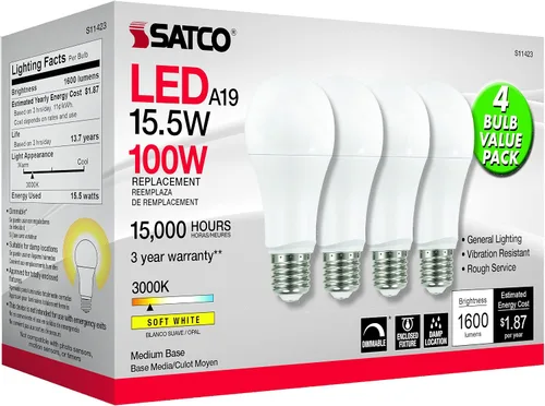 Miniatura 3 de Satco 15.5w 120v A19 LED E26 base mediana 1600 lúmenes 3000k (4 bombillas LED)