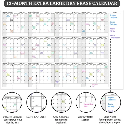 Miniatura 3 de Calendario grande de pared de borrado en seco – Calendario de pared anual de borrado en seco, 37 x 57,9 pulgadas, agenda en blanco sin fecha de 12