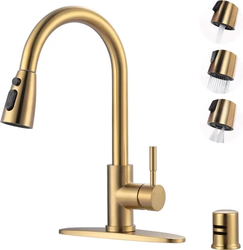 Miniatura 18 de WOWOW - Grifo de cocina cromado con rociador, grifo de fregadero de cocina extraíble de acero inoxidable con placa de cubierta, grifo de cocina