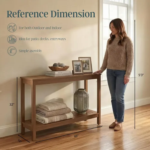 Miniatura 3 de DTY Outdoor Living Mesa consola de madera de eucalipto, dos estantes para exteriores, acabado marrón resistente a la intemperie
