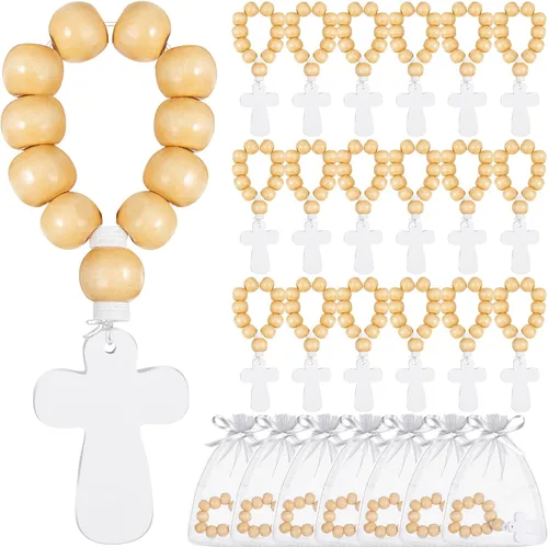 Deekin 36 piezas de rosario de madera a granel de madera católica de oración católica con colgante de cruz de crucifijo y bolsa de malla para