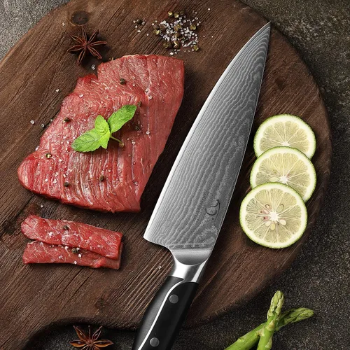 Miniatura 6 de Juego de cuchillos de cocina de Damasco de 18 piezas, 8 cuchillos de carne, mango ergonómico de ABS antideslizante triple remache para tenedor