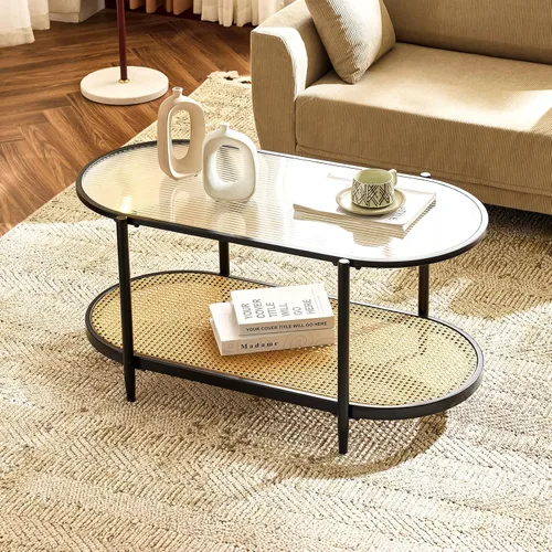 Miniatura 10 de VINGLI 65 cm Mesa pequeña redonda de centro de vidrio de onda de agua en negro mate, mesa central con diseño de almacenamiento moderno de 2 niveles