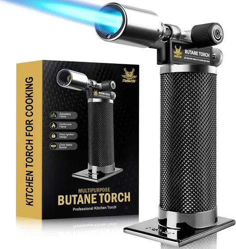 Miniatura 15 de RAVS Encendedor de butano, soplete de cocina recargable con llama ajustable y hebilla de seguridad, mini linterna de metal premium para hornear