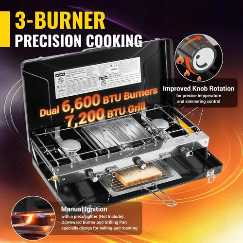Miniatura 4 de FineFlame Estufa de campamento, 3 quemadores de propano portátil con regulador, encendido instantáneo con botón, quemadores ajustables y protectores