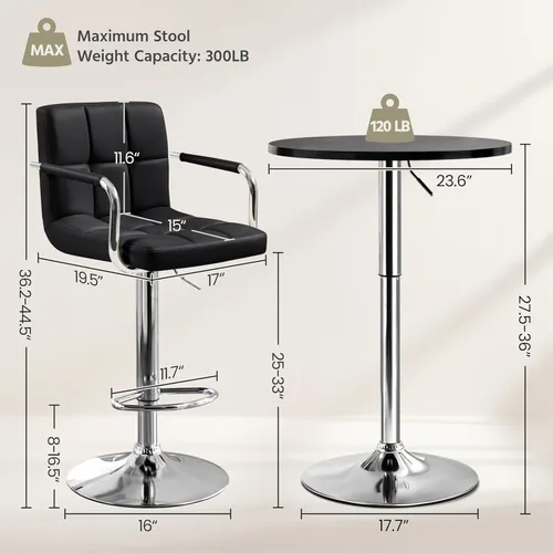 Miniatura 2 de Yaheetech Mesa redonda de bar de 3 piezas y sillas giratorias ajustables de piel sintética, juego de mesa moderno de altura de mostrador con 2 Negro