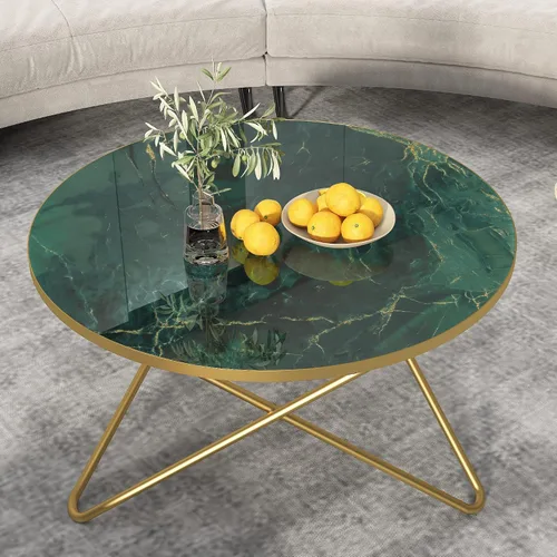 HLR Mesa de café redonda con tapa de mármol sintético verde Verde (Green Marble)