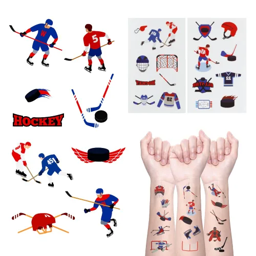 Miniatura 5 de 24 hojas de tatuajes temporales de hockey sobre hielo, decoraciones de cumpleaños, recuerdos de fiesta de hockey