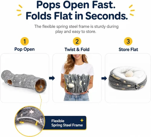 Miniatura 5 de Túnel Tubo para Gatos con Juguetes de Pelotas de Felpa Plegable Auto-Luminoso Fotoluminiscencia, para Mascotas Pequeñas Conejitos Conejos, Gatitos