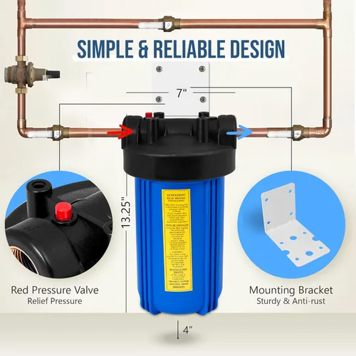 Miniatura 8 de Sistema purificador de filtro de agua azul de alta capacidad de 10 x 4.5 pulgadas para toda la casa con botón de alivio de presión, puerto de latón