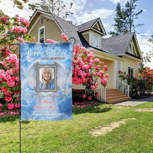 Miniatura 2 de Bandera de memoria personalizada con nombre de foto, fecha, letrero funerario personalizado, bandera conmemorativa personalizable para jardín, Cielo