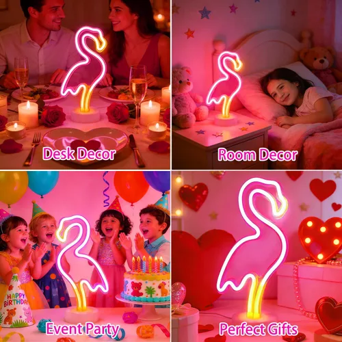Miniatura 4 de YSMNDE Letrero de neón de flamenco, letrero de luz LED rosa para decoración de habitación de niñas, luces nocturnas de funcionamiento USB/batería