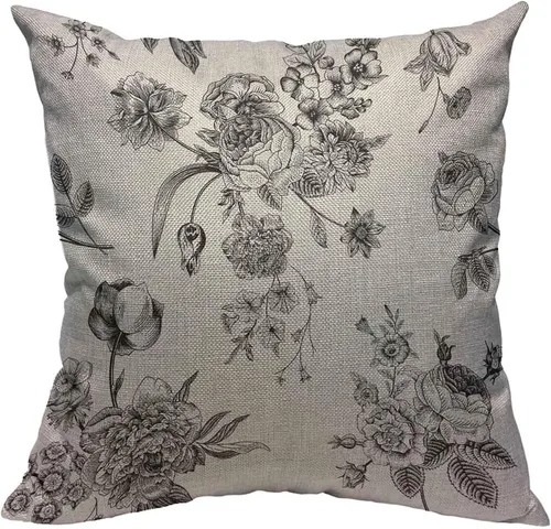 Fundas de almohada florales vintage con ramo victoriano de flores negras sobre rosas blancas de jardín, tulipanes, delphinium petunia, algodón y