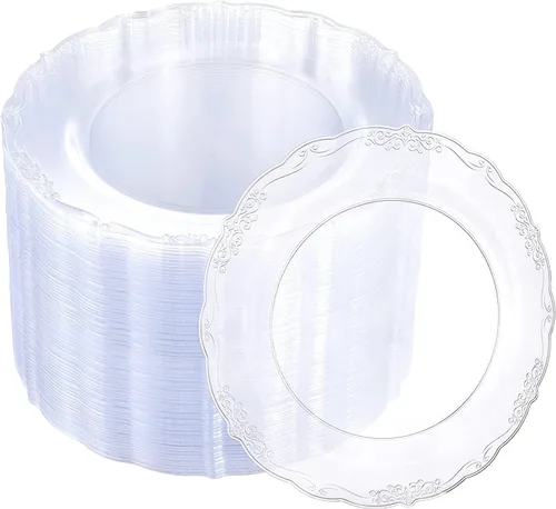 Miniatura 10 de U-QE 100 Piezas Platos de Plástico Transparente - Platos Desechables Transparentes de 9 Pulgadas - Lavables y Reutilizables - Platos Duros Premium