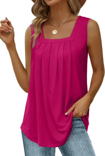 Miniatura 21 de Saloogoe - Camisetas sin mangas veraniegas para mujeres, plisadas con cuello cuadrado y dobladillo curvado, blusas de ajuste holgado con movimiento