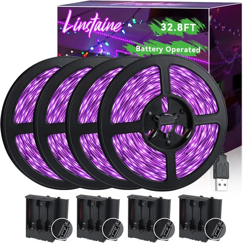 Miniatura 10 de Tira de Luz Negra de 16.4 Pies con Enchufe USB + Caja de Batería, Accesorio de Luz Negra Adhesivo de 300 LEDs, Funciona con Batería y USB