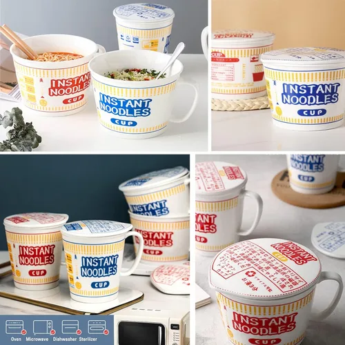 Miniatura 7 de Cuenco de fideos instantáneos de cerámica con tapa, taza creativa para sopa de ramen, cuenco para almuerzo para estudiantes (color azul, tamaño: S)