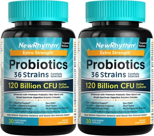 NewRhythm Probióticos 120 mil millones de UFC, 36 cepas, probióticos 3 en 1 para la salud digestiva y apoyo inmunológico con prebióticos y enzimas,