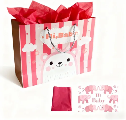 Miniatura 7 de DiffyGo Bolsa de regalo de bebé grande de 13 pulgadas para baby shower con papel de seda y tarjeta (azul)