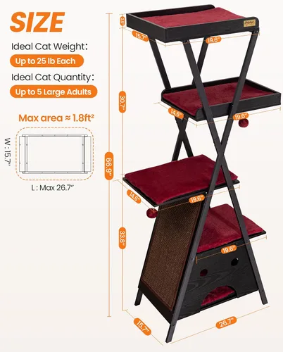 Miniatura 7 de Moderno árbol de madera para gatos de interior grande y adulto, 67 pulgadas de alto, varios niveles, resistente, condominio, muebles con cuevas