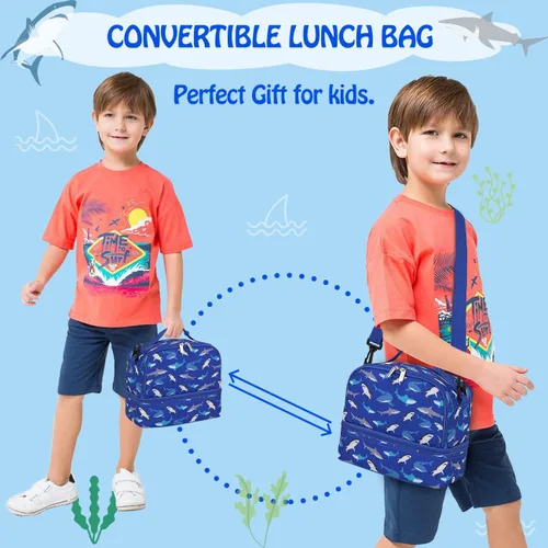 Miniatura 6 de Bolsa de almuerzo para niños, lonchera aislada, bonita bolsa térmica con doble compartimento y correa de hombro extraíble, tiburón azul VONXURY