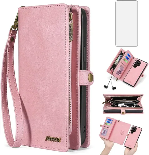 Asuwish Funda de teléfono para Samsung Galaxy S22 Ultra 5G con cremallera, funda desmontable con protector de pantalla y tarjetero de cuero, Rosado