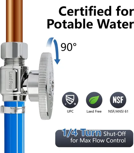 Miniatura 4 de Válvula de Apagado WiseWater 1/2" PEX x 3/8" de Compresión, 1/4 Vuelta con 10 Abrazaderas de Acero Inoxidable, Latón Chapado en Cromo PEX de Cierre