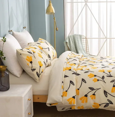 Miniatura 6 de DaDa Bedding - Juego de funda de edredón floral de flores amarillas, naranja dorado, tulipanes brillantes, flores de jardín botánico, marfil, beige
